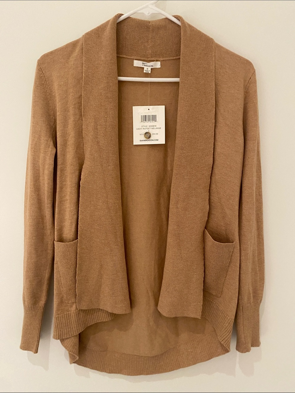 NWT 89th & Madison Tan Shawl Neck Open Front High Low Lightweight Cardigan S